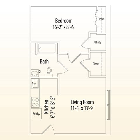 Floor plan for 1 bed, 1 bath, 544 sqft